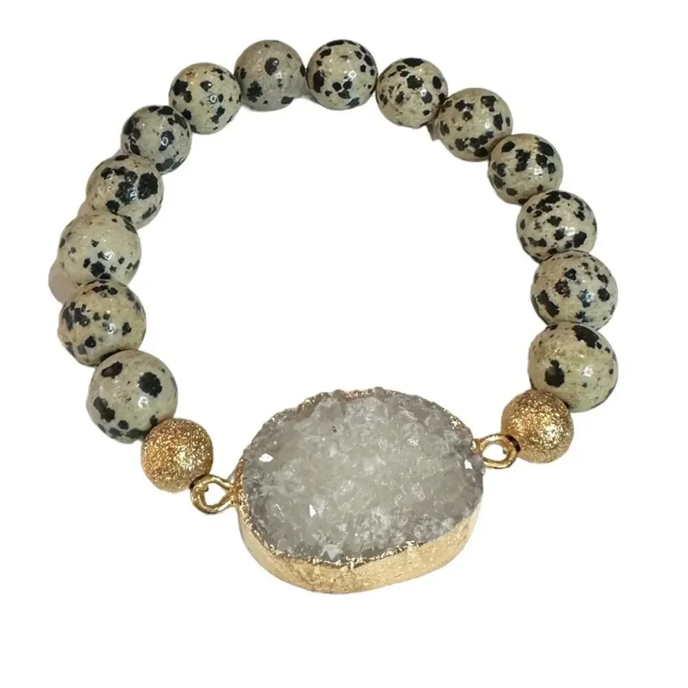 OILNANA Dalmatian Jasper‎ beaded gemstone bracelet Agate Druzy stretch one size